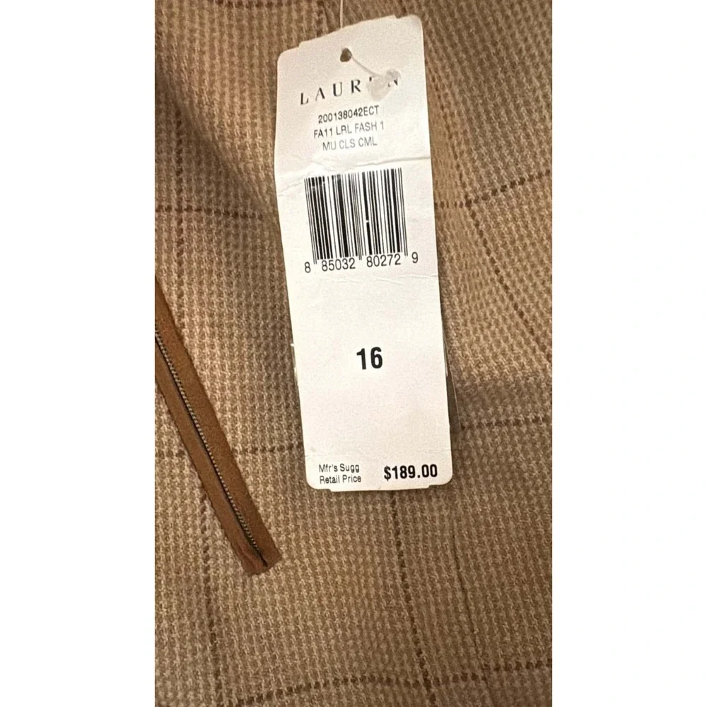 Lauren Ralph Lauren Tan Wool‎ Plaid Pencil Skirt Suede Trim Sz 16 NWT $189